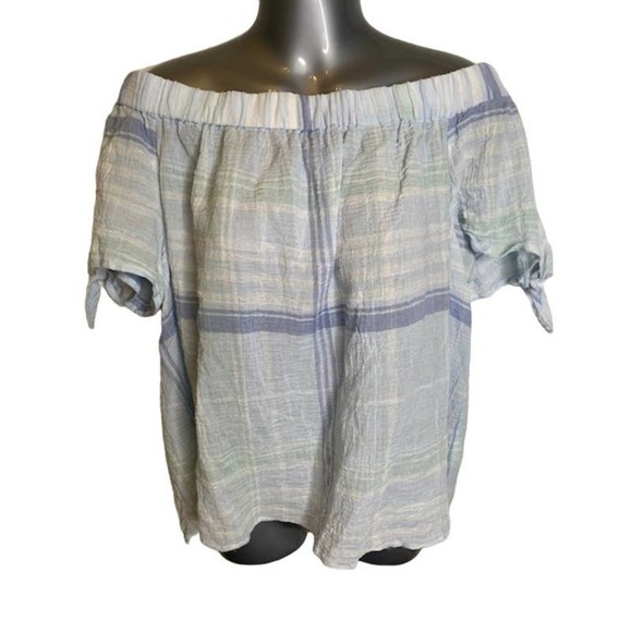 Vince Camuto Womens Top Size Large Plaid Off the Shoulder Sheer Crinkle Gauze - Picture 3 of 5